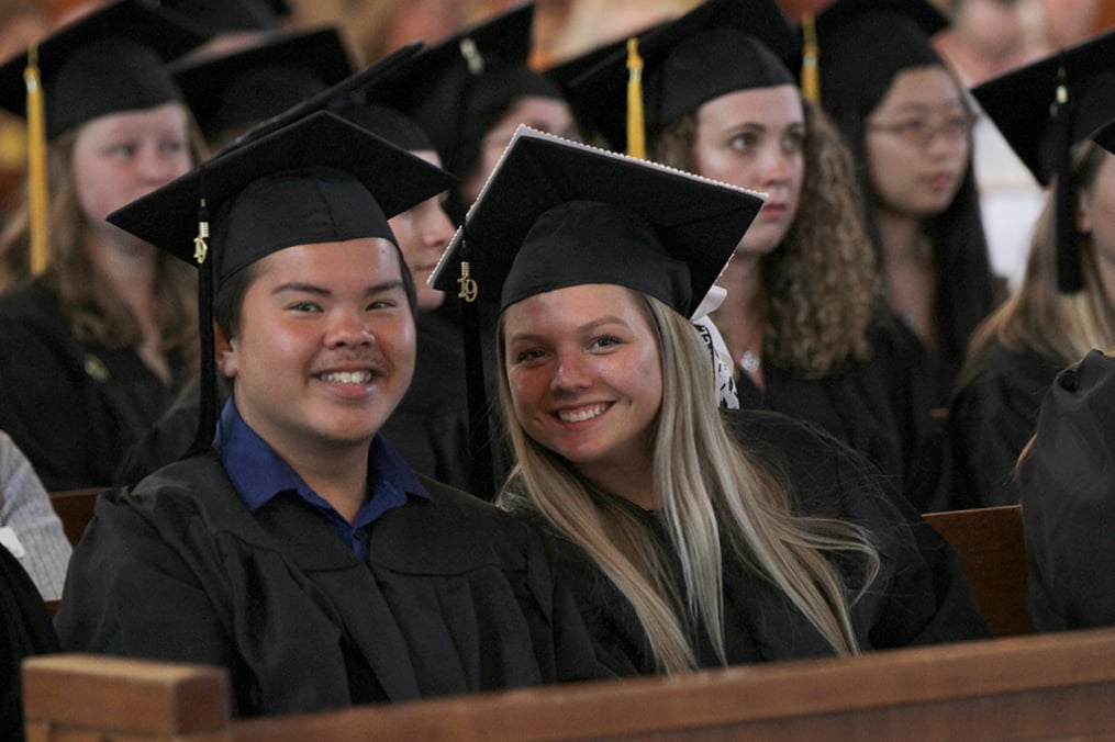 Keuka College graduating seniors Jim Truong ’19 and Vanessa Tsarevich ’19 were all smiles at the annual Baccalaureate Service on Friday, May 17, in the College’s Norton Chapel.
