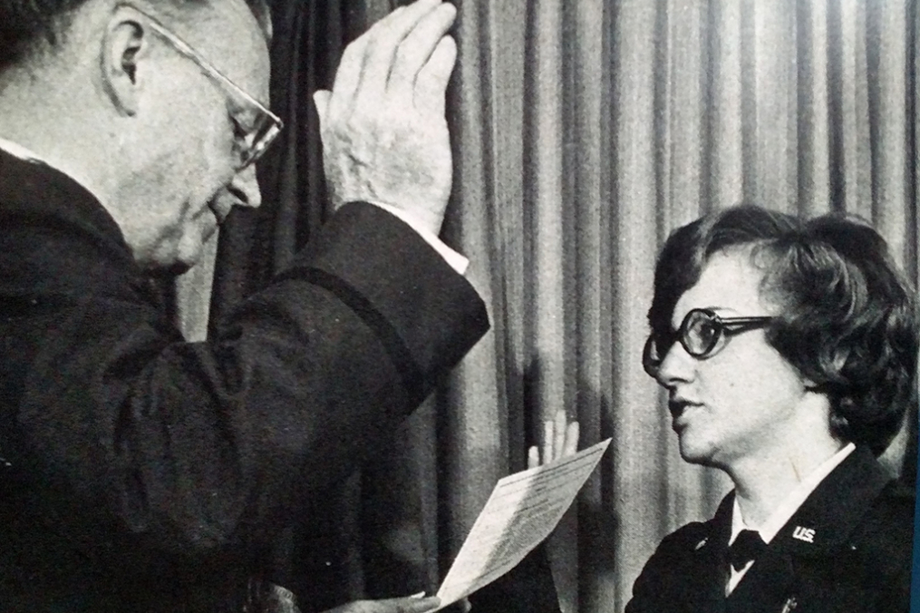 Chaplain (Maj. Gen.) Roy M. Terry, Chief of Chaplains, administers the oath of office to the Air Force’s first woman chaplain, Lorraine K. Potter '68, at Bolling Air Force Base in Washington, D.C., on Sept. 27, 1973.