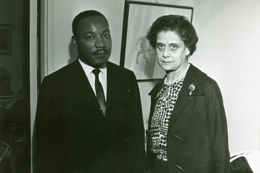 Broadcaster and lecturer Lisa Sergio poses with Dr. Martin Luther King Jr. on Keuka College's campus on June 16, 1963.