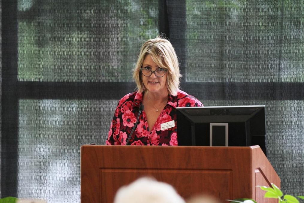 Mary Anne Rogers, co-chair of Keuka College's Community Associates Board, address the crowd at the 28th annual presentation of the 2019 Stork Award. 