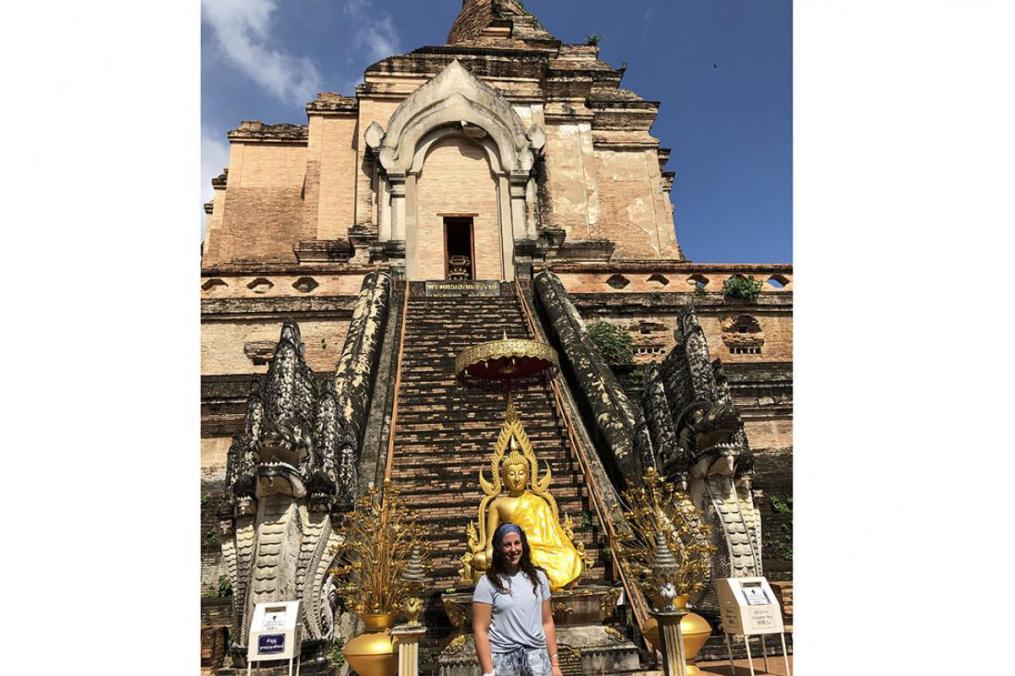 Sarah Honan '21 completed a summer Field Period® with Growth International Volunteer Excursions in Thailand. Here, she stands in front of the Wat Chedi Luang Buddhist Temple in the city of Chiang Mai, Thailand.