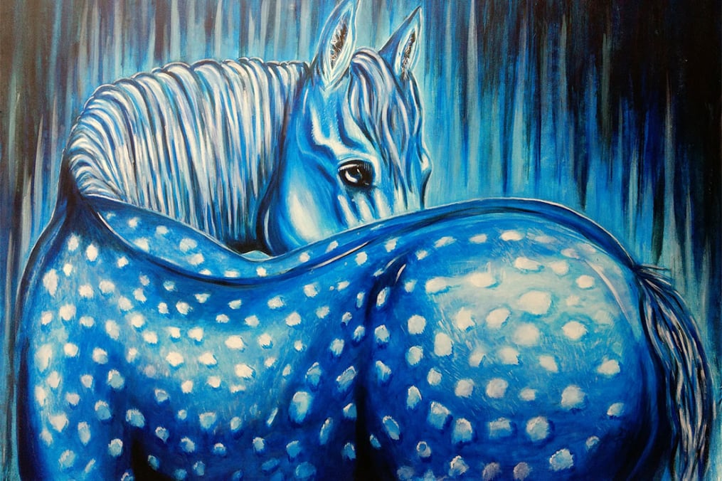 painting of a blue horse with white spots