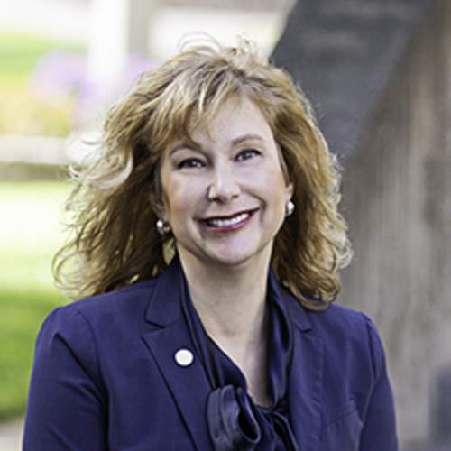 President Amy Storey sitting outside lightner library